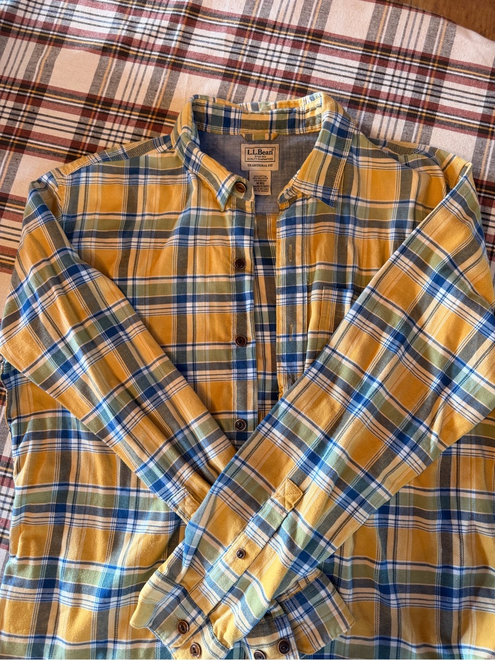 L.L. Bean Yellow, Blue & Green Plaid Cotton Button-Down Shirt